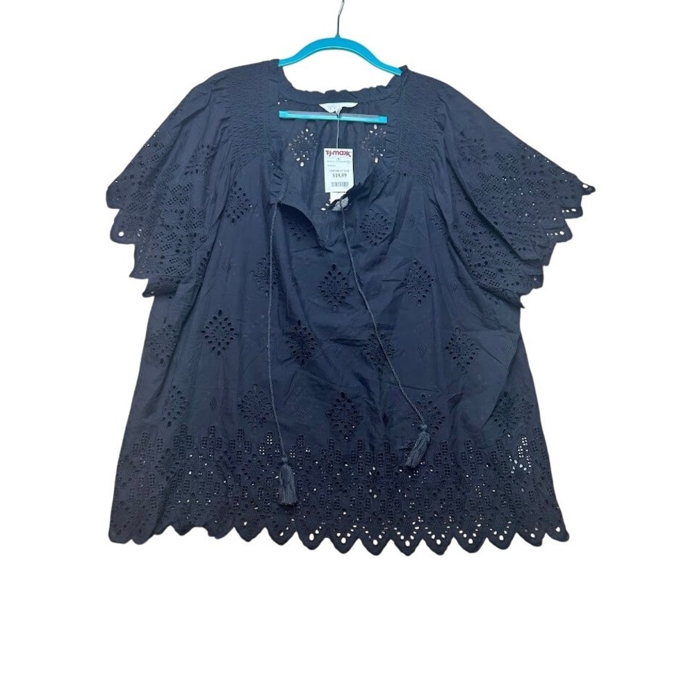 Adiva Women Black Eyelet Cotton Blouse Tassel Tie Short Sleeve Top Plus Size 2X